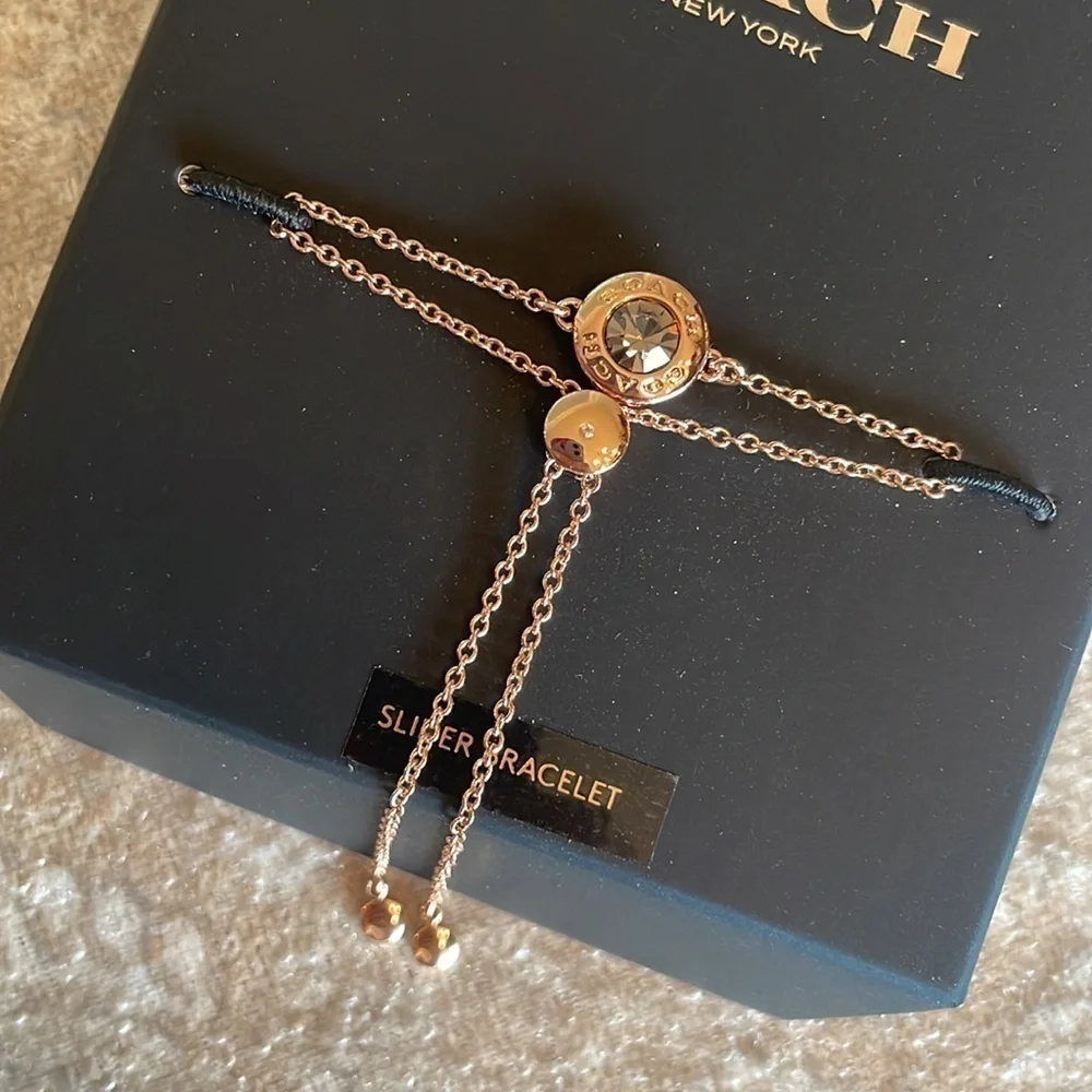Brand New Coach Open Circle Slider Bracelet Rose Gold Glass Stone